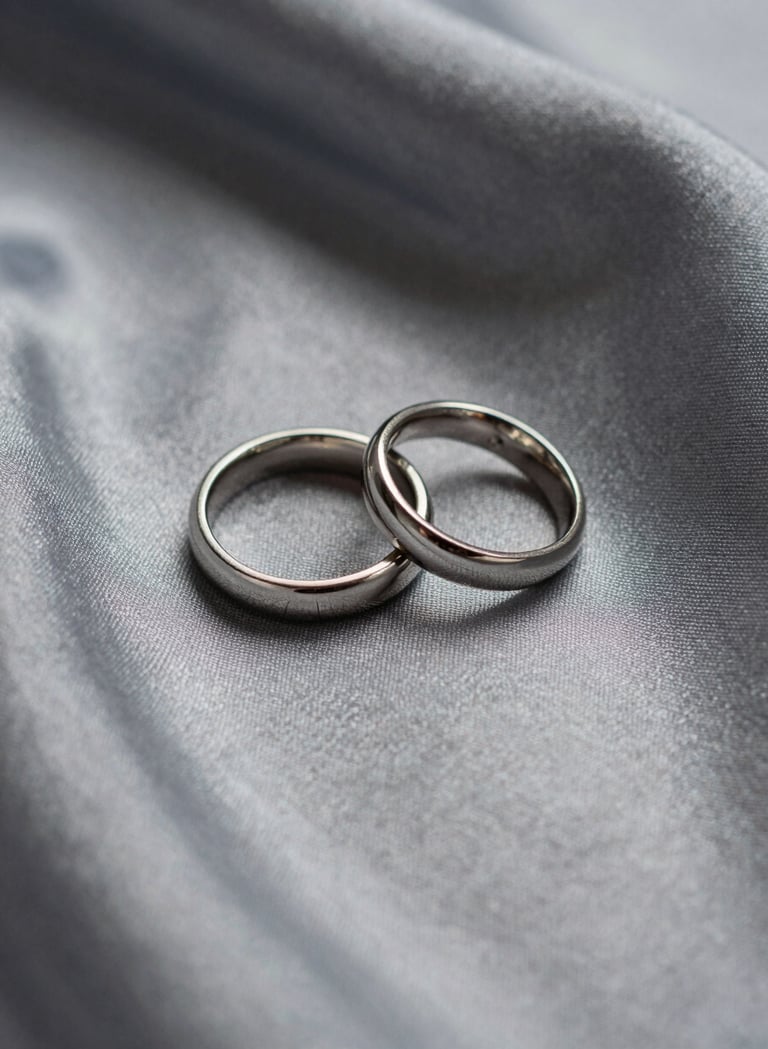 A minimalist macro photography shot of two wedding bands resting on a soft silver fabric. Professional studio lighting with deep dark charcoal shadows. South American / Colombian wedding context.