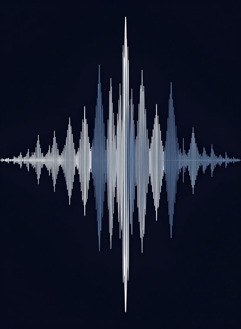 An abstract, high-contrast visualization of sound waves rendered in elegant, thin lines of #86A3B8 and #F8F8F8 against a deep #0A0A0A background. The composition is minimal and artistic, reflecting a blend of technology and soul.