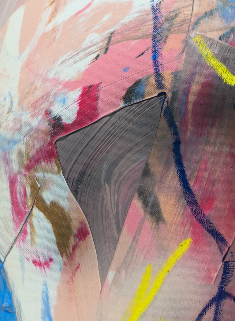 Abstract expressionist painting with textured pink, yellow, and blue brushstrokes and a grey triangular cutout.