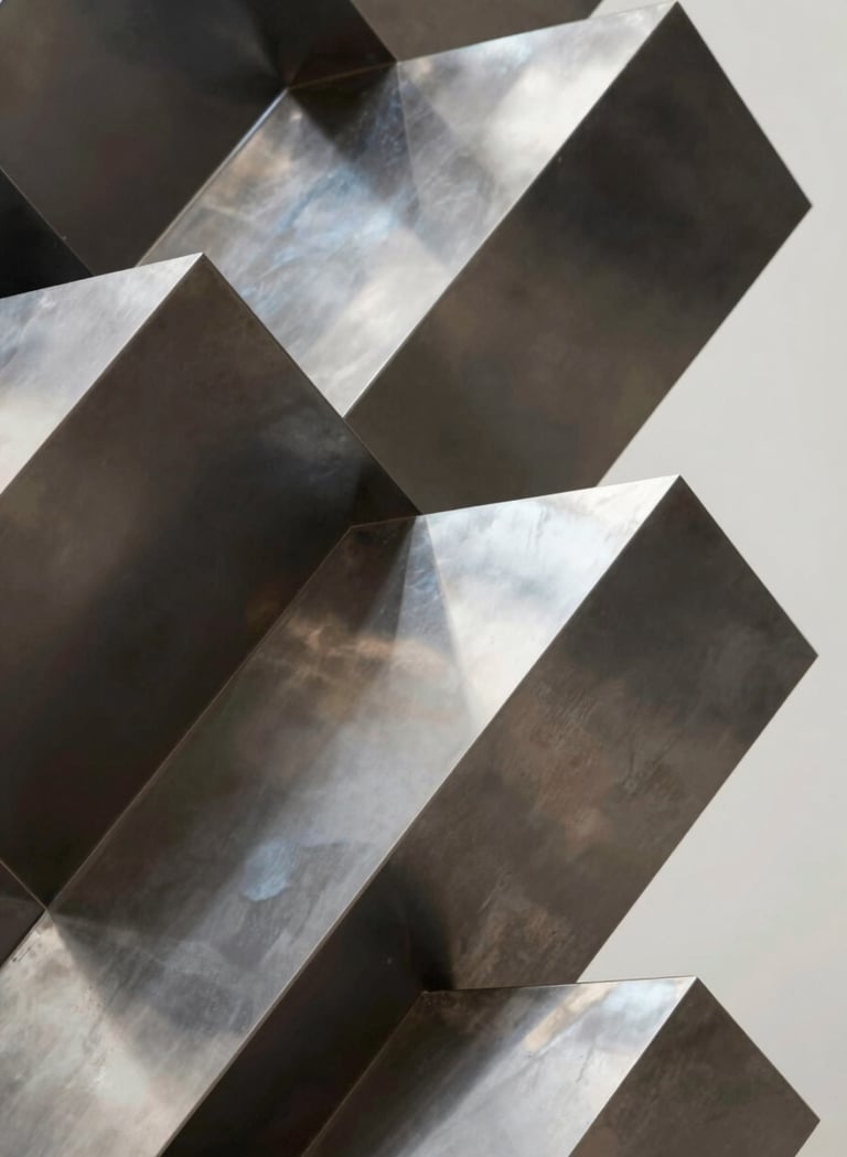Detail of a geometric metal sculpture with a polished finish reflecting muted gallery tones. Shadows are deep #1A1A1A, highlights are #F9F7F0. Luxurious, modern, and sharp architectural style.