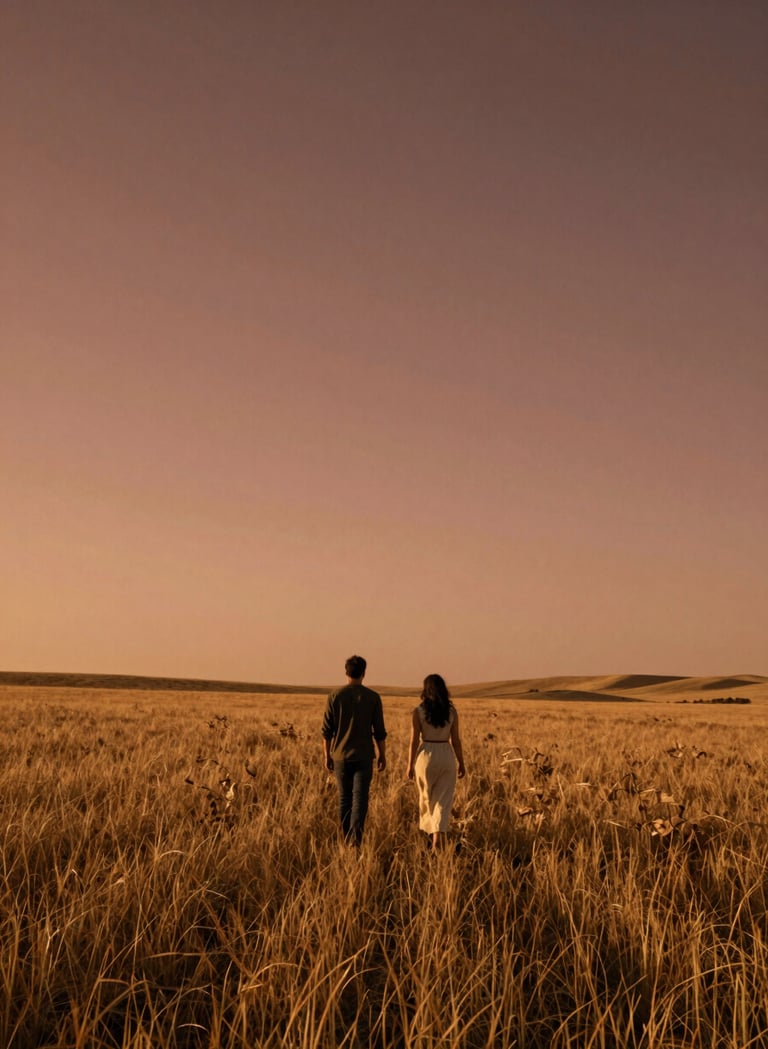 A wide-angle cinematic shot of a couple walking through a golden field at dusk in a North American / General Western landscape. The sky is a warm terracotta hue. Authentic movement and lifestyle photography style with deep charcoal shadows.