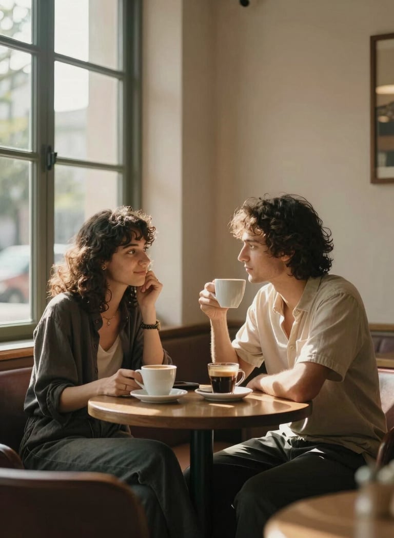 A medium shot of a couple sharing a quiet moment over coffee by a large window. Sun-drenched highlights on their faces. The background features muted brown furniture and a soft sand-colored wall. Cinematic and peaceful.