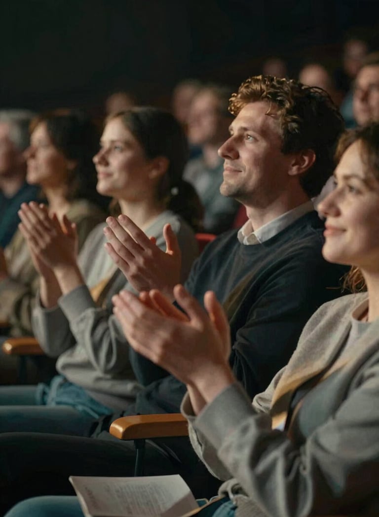 A close-up of a audience in a theater, their hands softly clapping in a warm, low-light environment. The lighting is golden and intimate, reflecting a mood of deep emotional connection. The color palette includes hints of #386F6F in the shadows and #E6EBE0 in the highlights.