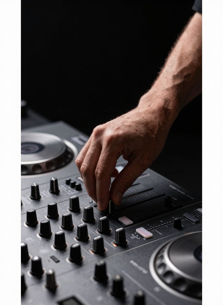 A sharp, close-up photograph of a professional DJ's hand precisely adjusting a fader on a high-tech mixing console. Dark mood with mist grey metallic textures. Professional studio lighting in a Spanish / Latin American production suite, minimalist composition.