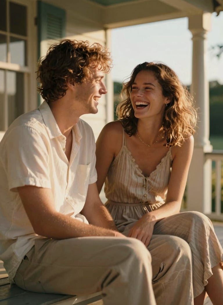 A cinematic, sun-drenched shot of a couple sitting on a vintage porch, sharing a genuine laugh. The lighting is warm and golden, highlighting natural textures and the Soft Sand palette of their clothing. Authentic human connection in a friendly atmosphere.