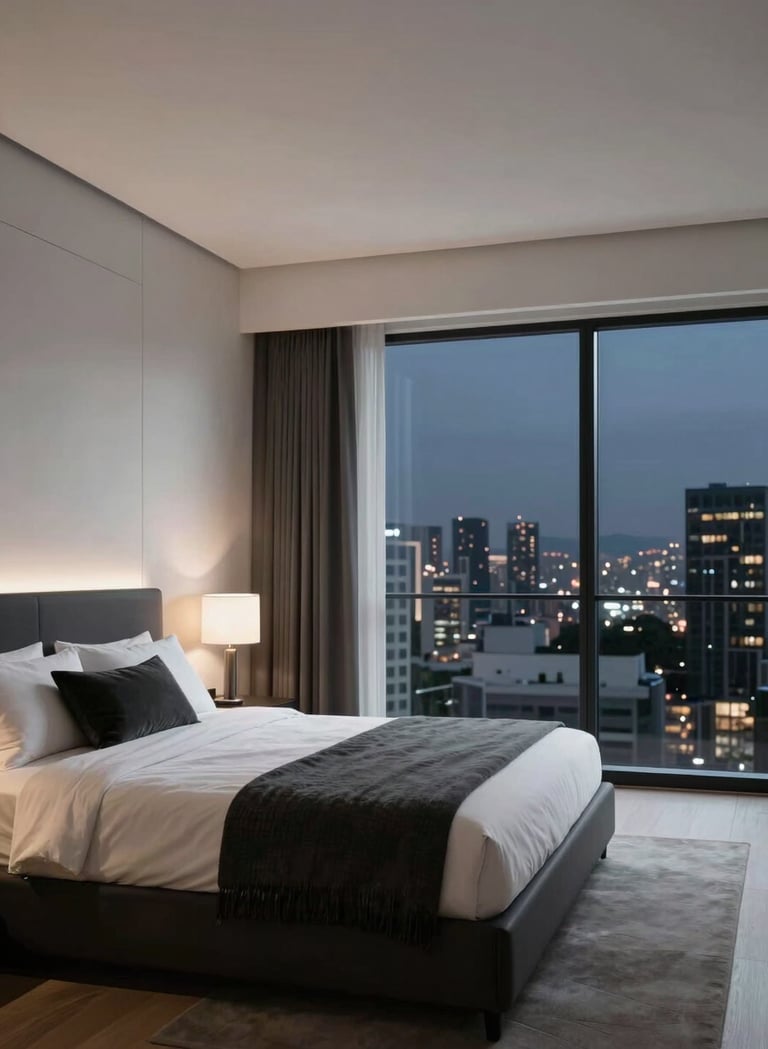 An interior shot of a minimalist master bedroom in a high-end South American / Brazilian penthouse. The design features a palette of white, gray, and black. A large window overlooks a blurred cityscape at night. Editorial, fashion-brand lighting.
