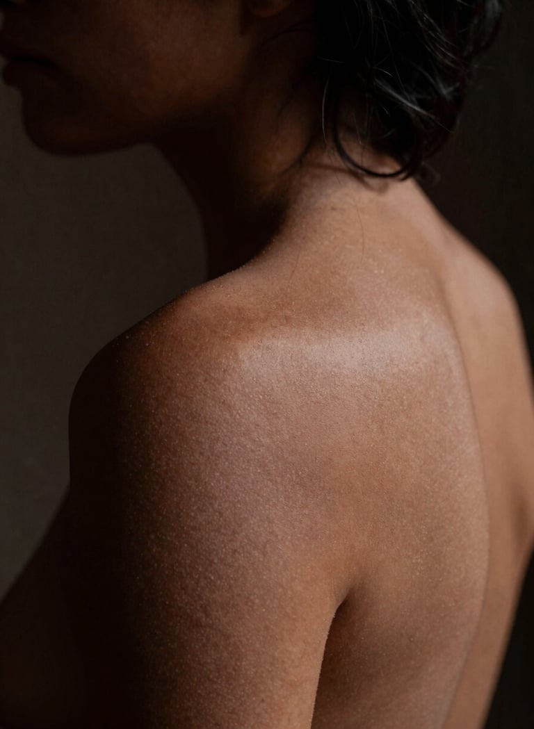 An intimate photography focusing on the subtle texture of a human shoulder and neck, partially veiled by soft, enigmatic shadows. The palette consists of warm clay and deep charcoal. The lighting is low-key and sophisticated, capturing an enigmatic beauty in a South American / Argentine setting.