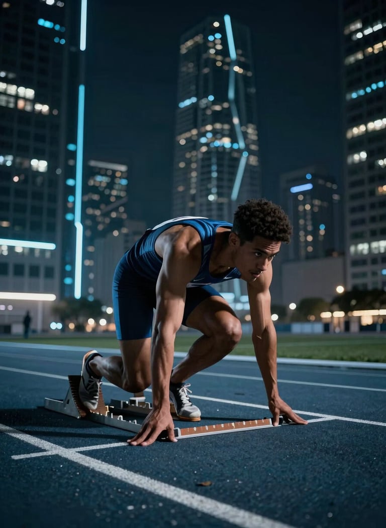 A sprinter at the starting blocks on a futuristic urban track in a US city, dramatic low-angle lighting, electric azure and midnight black tones, cinematic and high-intensity atmosphere.