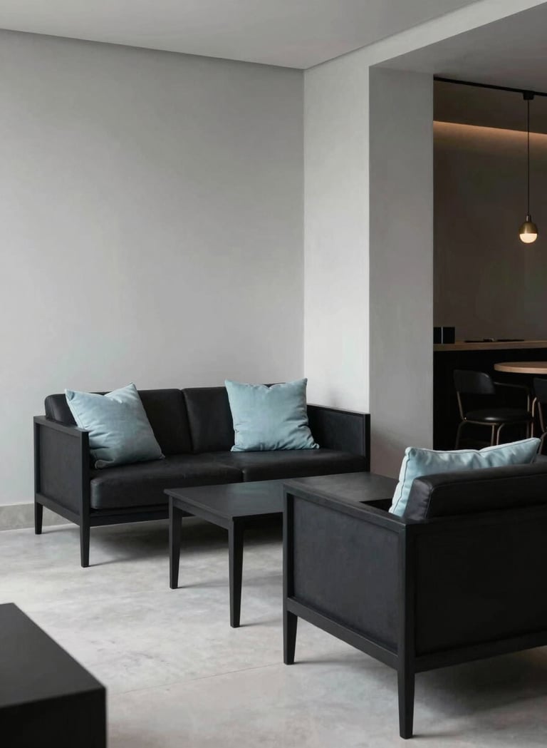 A high-end interior shot of a minimalist South American lounge. Black furniture with clean lines, light grey walls, and subtle baby blue accent cushions. Elegant, professional atmosphere with soft, diffused daylight.