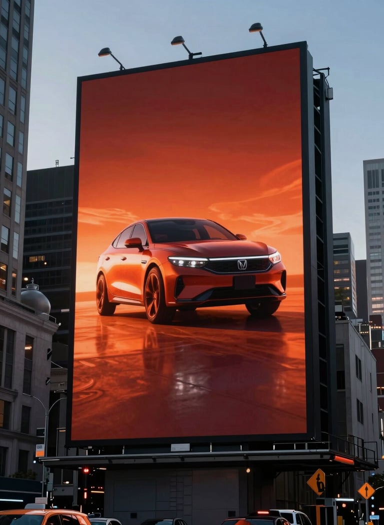 A high-impact billboard in a bustling North American metropolitan area at twilight, showcasing a sleek and fiery brand visual with reddish orange and charcoal tones. The lighting is dramatic and highlights the scale of the advertisement.