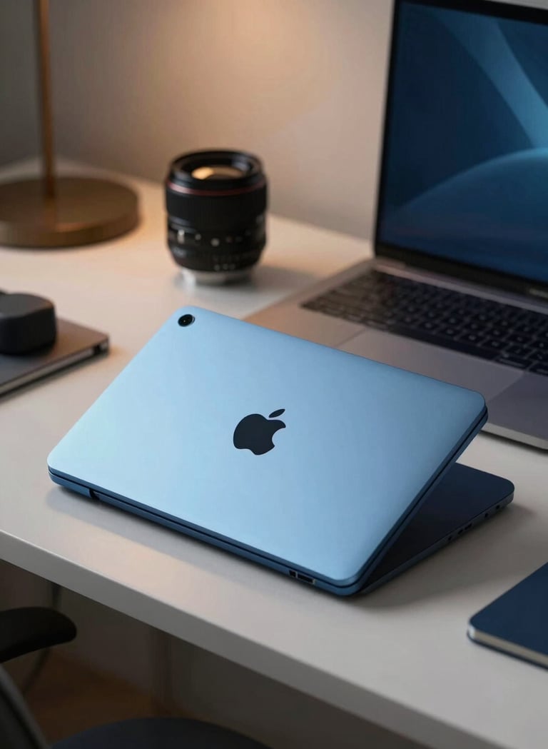 A close-up of a modern tech setup in a Southeast Asian / Indonesian workspace, minimalist desk, warm indoor lighting, with Soft Sky Blue and Dark Navy Blue professional aesthetics.