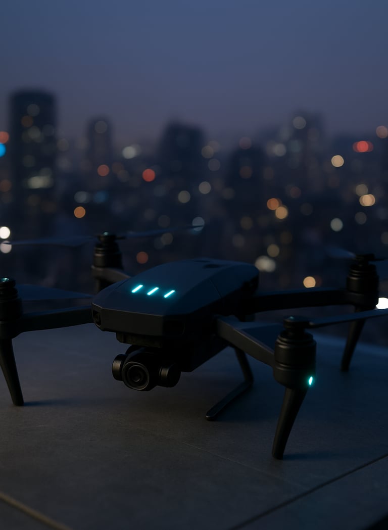 A close-up of a matte black high-tech drone landing on a skyscraper rooftop at dusk. Electric cyan LED indicator lights glow against the dark sophisticated metal of the drone. In the background, the soft bokeh of an East Asian / Korean urban skyline at night.