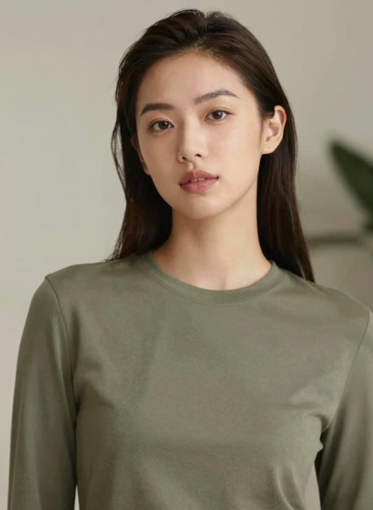 A portrait of a beauty professional looking confident and artistic, wearing a minimal outfit in olive green #6B705C, soft focus background, premium magazine style composition.
