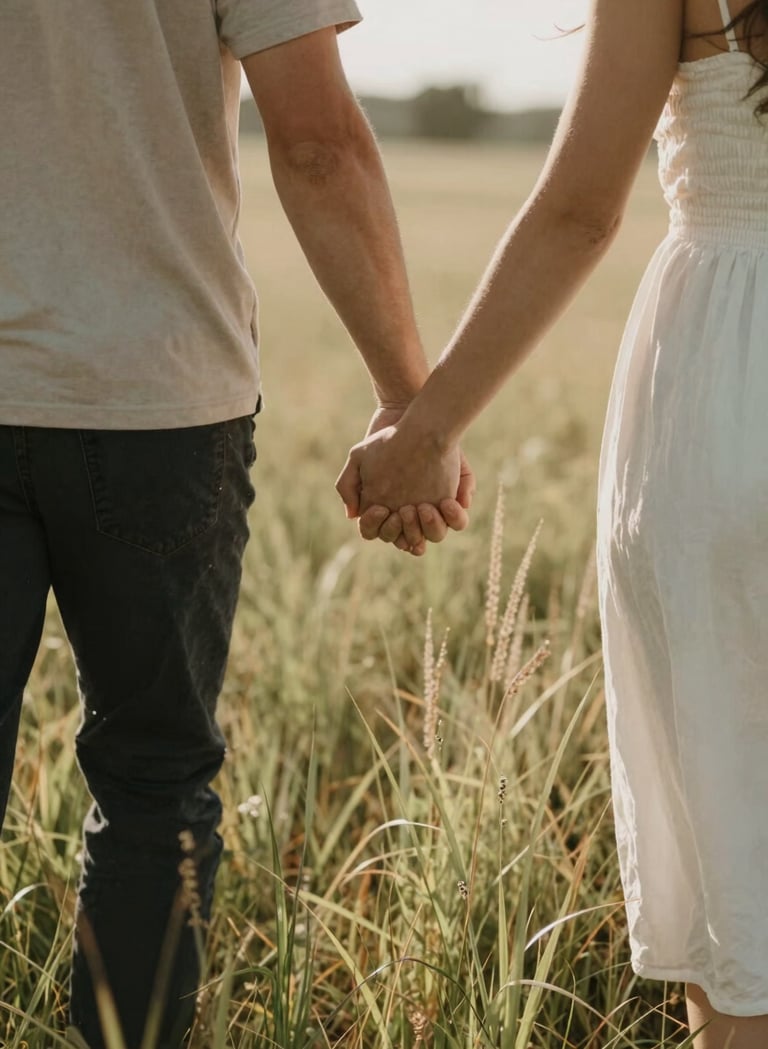 A couple holding hands while walking through a North American / US meadow. The style is lifestyle photography with a cinematic feel, featuring sun-drenched tall grass and a soft sand color palette.