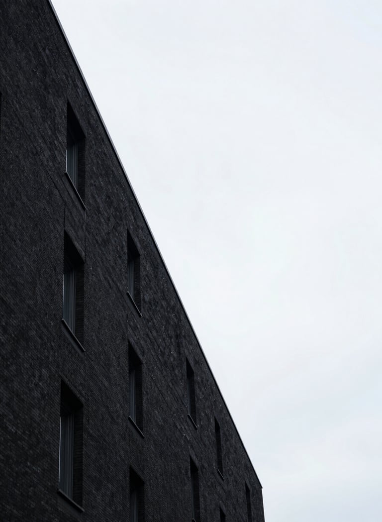 A minimalist architectural photography shot in a Western European city. A sharp, diagonal line where a charcoal black building meets a soft white sky. The lighting is diffused and even, emphasizing the clean edges and the contrast between the dark structure and the light atmosphere.