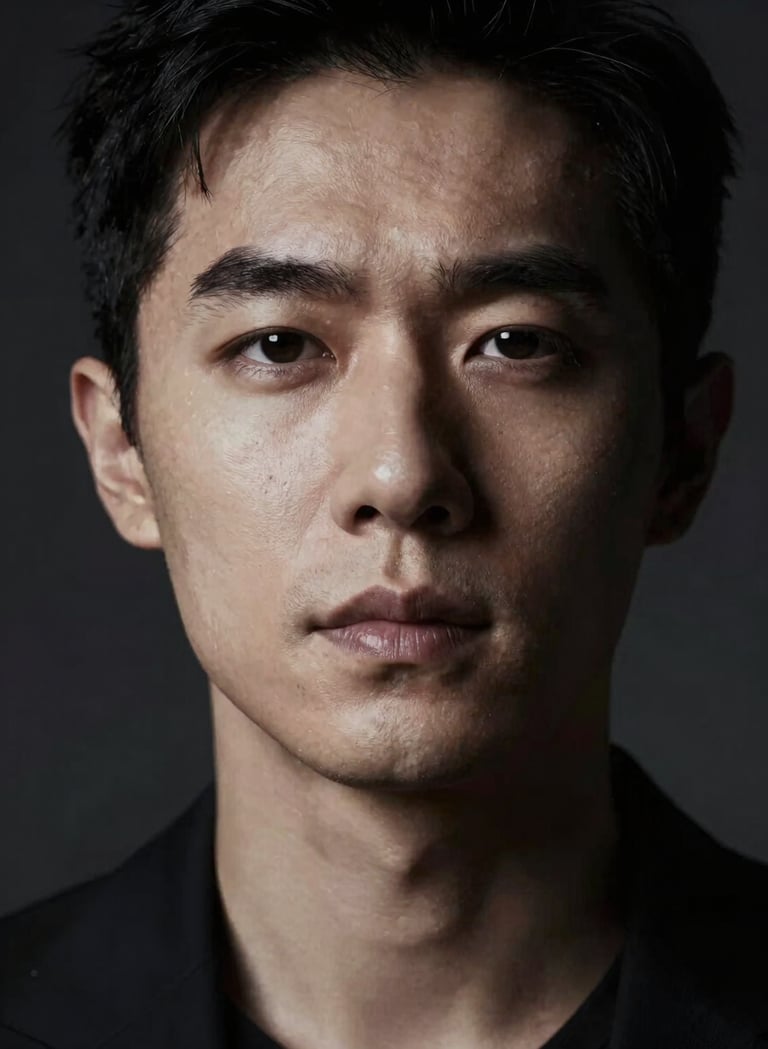 A high-contrast close-up portrait of a professional actor, dramatic chiaroscuro lighting, shadows deepening into #0F0F0F, skin tones highlighted by soft #F5F5F5 light. Minimalist and intense mood.