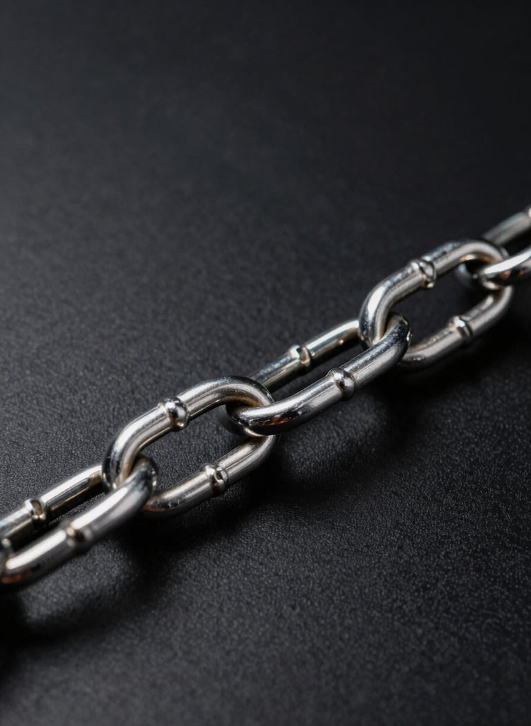 Macro photography of a thick chrome chain resting on a matte black surface, sharp metallic reflections against deep shadows, dark moody lighting, high-performance aesthetic, North American studio setting.