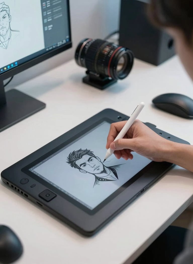 A high-angle view of a hand using a digital stylus to draw a character portrait on a graphics tablet in a North American / US design studio. The workspace is organized with a cool pearl white and steel blue color scheme, illuminated by soft studio lights.