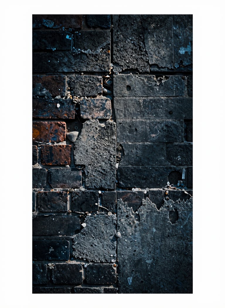 A detailed close-up photograph of weathered brick and concrete textures in deep charcoal and muted slate blue tones. The lighting is harsh and directional, highlighting the rugged surface and history of the urban material.
