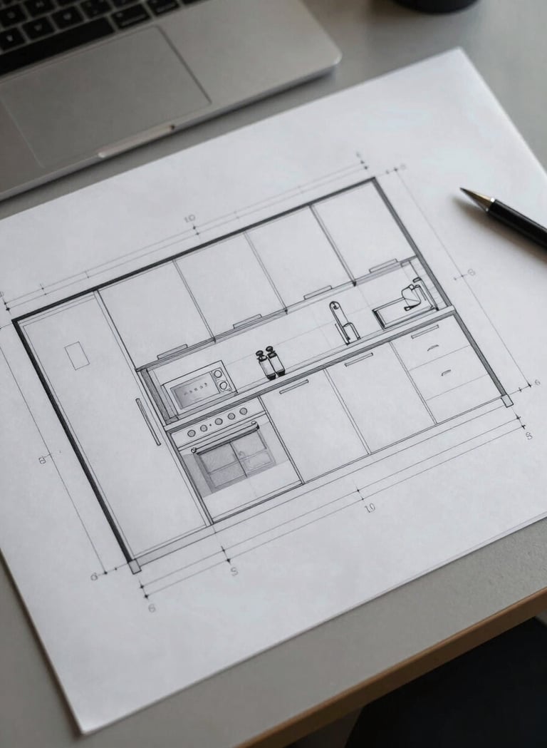 A top-down view of a professional technical interior drawing layout on a desk. Sharp black lines and precise measurements for kitchen cabinetry. Northern European office setting with soft grey tones.
