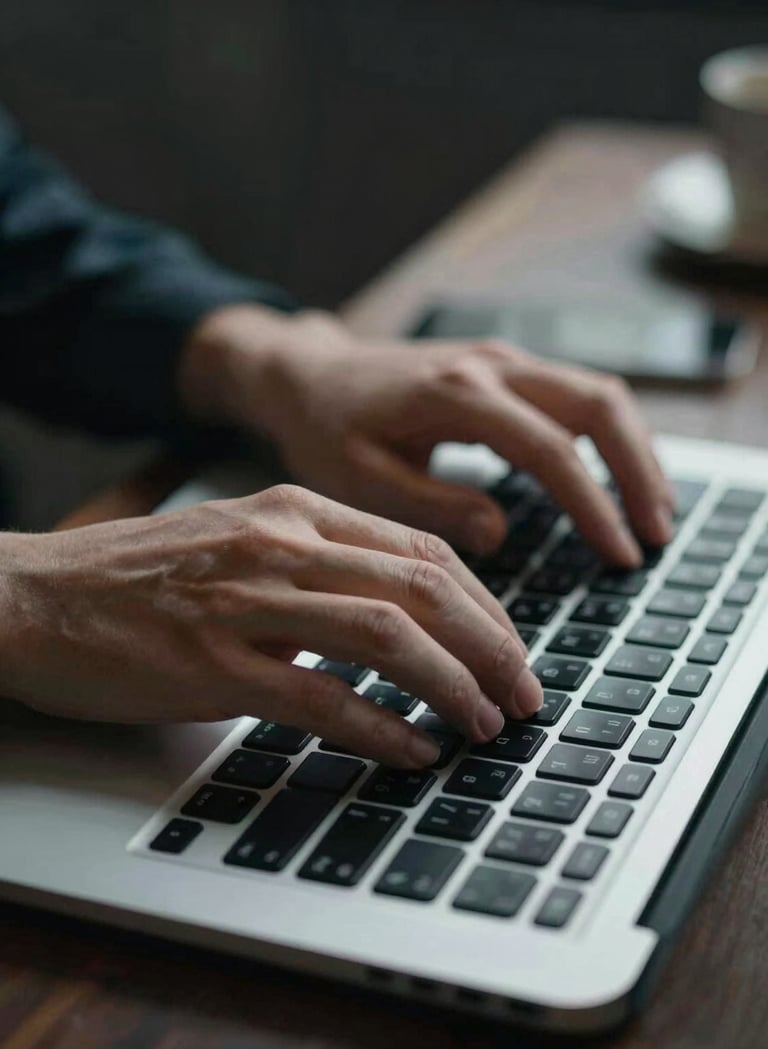 Close-up of hands typing on a high-quality laptop keyboard in a dimly lit room. The screen light subtly illuminates the keys. The style is sharp and focused, symbolizing the act of creation and thought. Touches of #607D8B in the lighting.