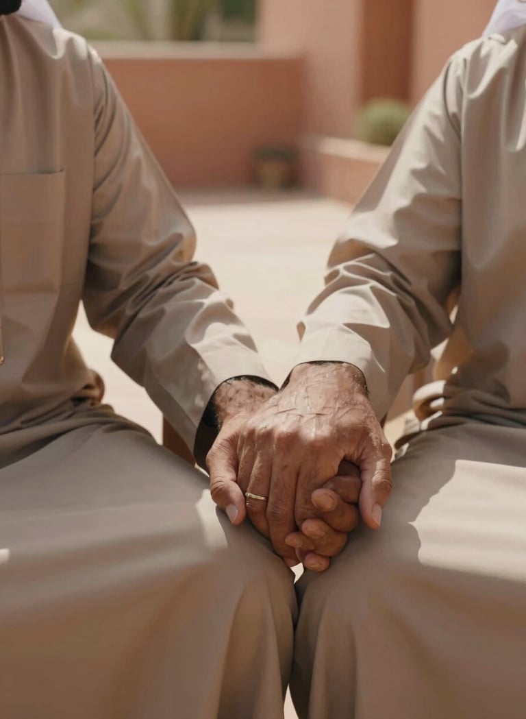 A close-up cinematic shot of hands intertwined, a Middle Eastern / Gulf couple sitting in a warm sun-drenched patio, soft tan and burnt terracotta tones, natural and spontaneous feel.