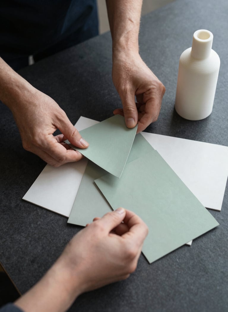 A top-down view of a professional's hands in a North American / US studio, organizing various paper swatches in soft sage green and mist white alongside a 3D-printed bottle prototype on a dark charcoal desk.