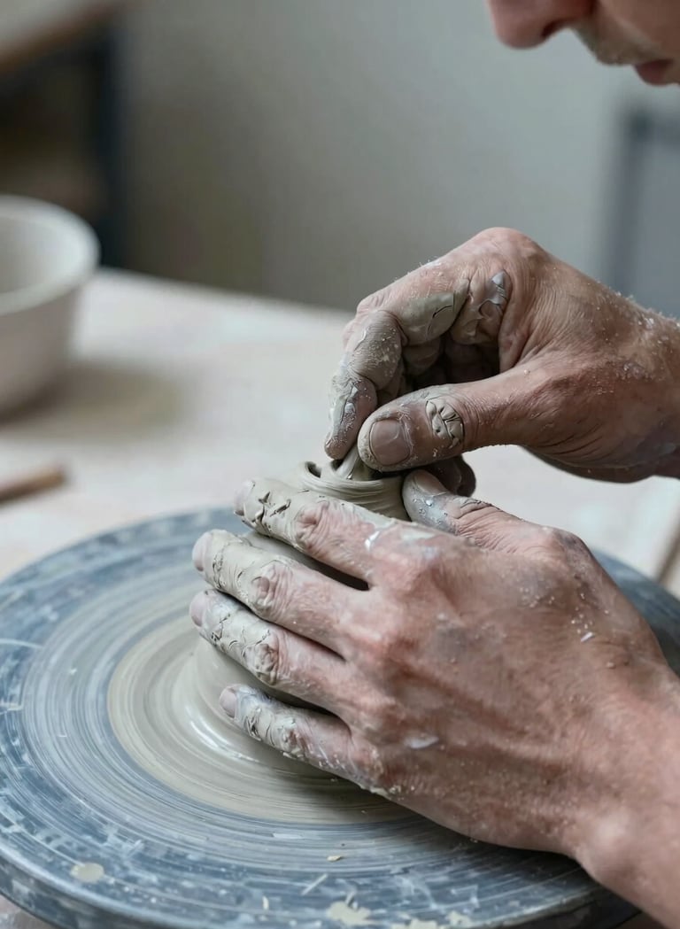 A detailed photography shot focusing on the hands of a sculptor working with clay in a European / French workshop. The composition is tight and artistic, with soft dramatic lighting. Colors feature pale slate grey dust and dusty blue clay textures.