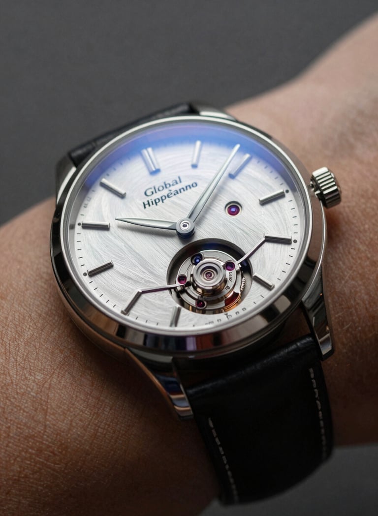 Extreme close-up photography of a high-end luxury watch on a wrist, with focus on the intricate mechanical details and reflective surfaces. Dark gray background, crisp white reflections, cinematic lighting. Global / Hispano elegance.