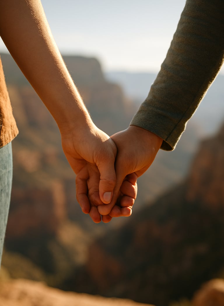 A close-up photography shot of hands held tightly between two people against a blurred North American cliffside backdrop. The lighting is sun-drenched and warm, focusing on storytelling and authentic connection.