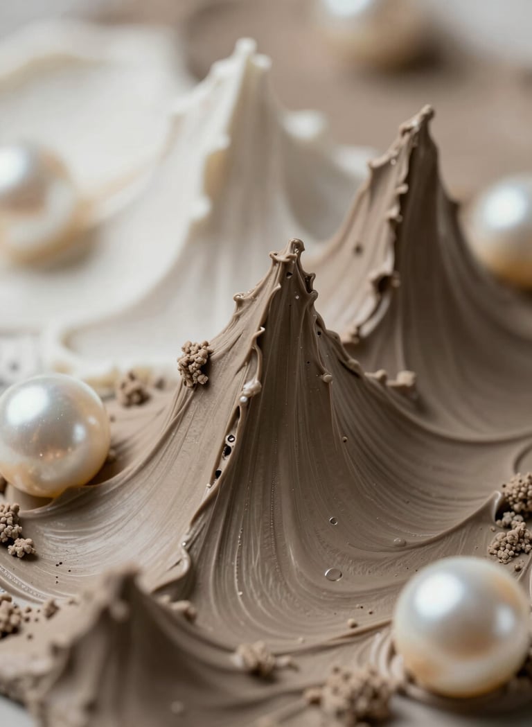 A macro photography shot of mixed-media art. The image focuses on the sharp ridges and peaks of dried molding paste. The colors are muted earthy taupe and pearl white. Professional studio lighting highlights the three-dimensional quality of the medium.