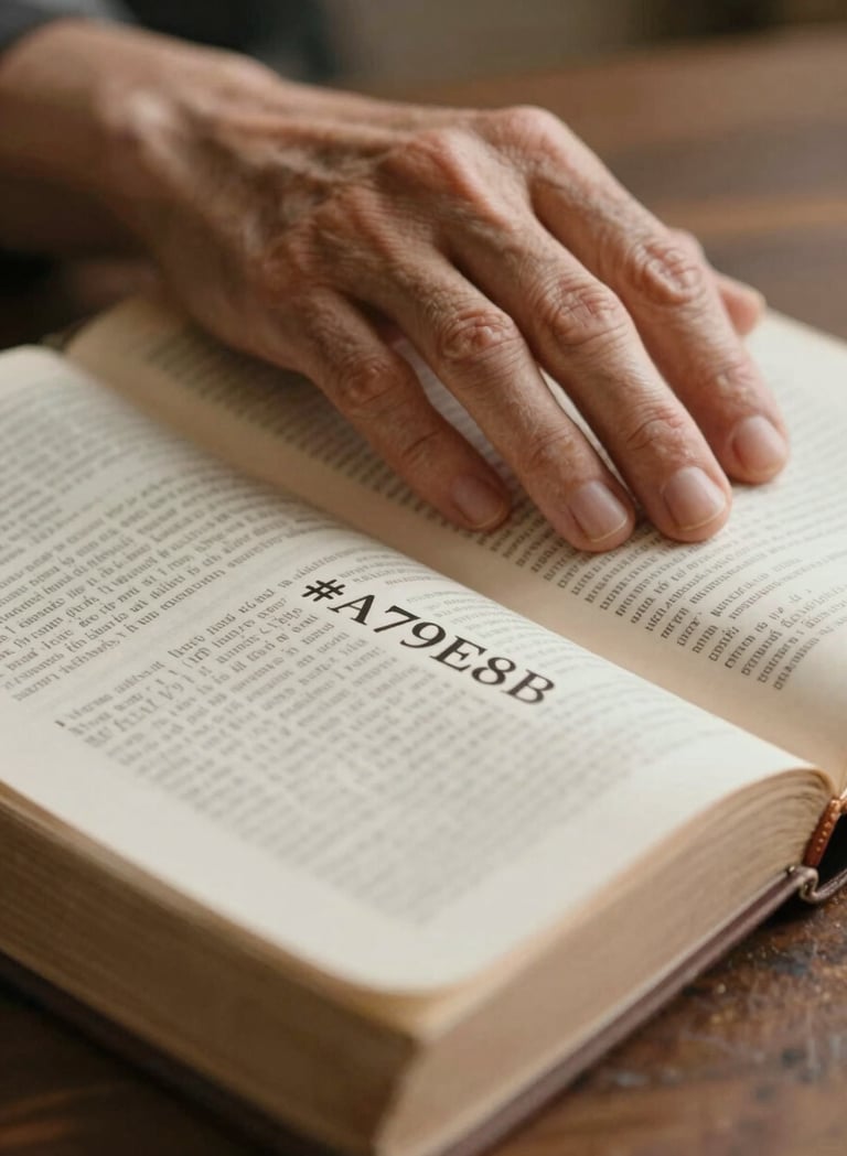 A close-up shot of weathered, graceful hands resting on an open Bible. The lighting is soft and warm, highlighting the texture of the paper and skin. The composition is intimate and heartfelt, reflecting a spirit of high-quality craftsmanship and devotion, using the brand's #A79E8B beige tones in the parchment.