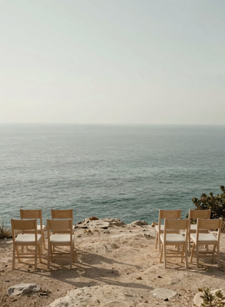 An elegant, minimalist wide shot of a coastal wedding ceremony in Brest. The scene features a few simple wooden chairs on a cliff overlooking a calm sea in muted sage green. The lighting is soft and ethereal, using a palette of soft off-white and warm taupe for a sophisticated, high-end atmosphere.