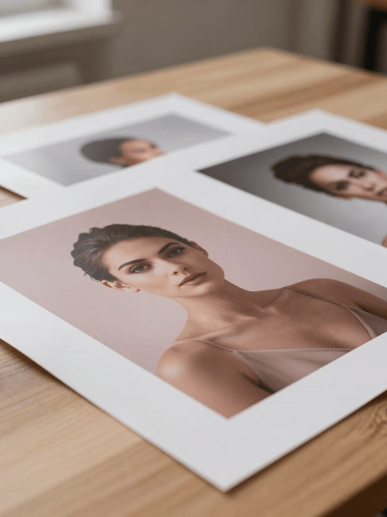 Close-up of professional photography prints lying on a minimalist wooden table in a Spanish studio, soft natural light, shades of off-white and dusty rose.