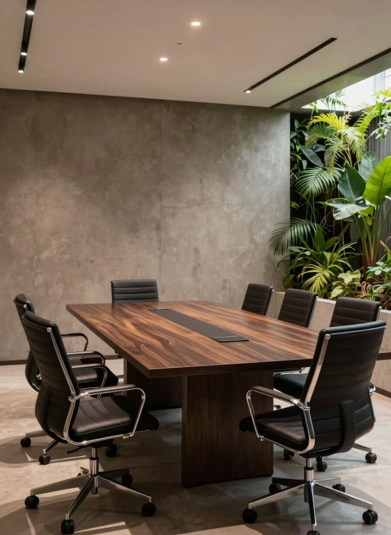 Professional photography of a modern Brazilian conference room. A large minimalist dark wood table is surrounded by elegant ergonomic chairs. The background features a textured taupe wall and a discreet vertical indoor garden. Soft overhead professional lighting creates an inviting and professional mood.