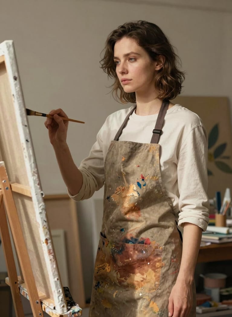 Photography of Katya Rivka in her art studio. She is standing before a large canvas, holding a brush, looking thoughtful and serene. The lighting is warm and natural, casting soft shadows. Her apron is stained with organic colors like muted brown and warm sand.