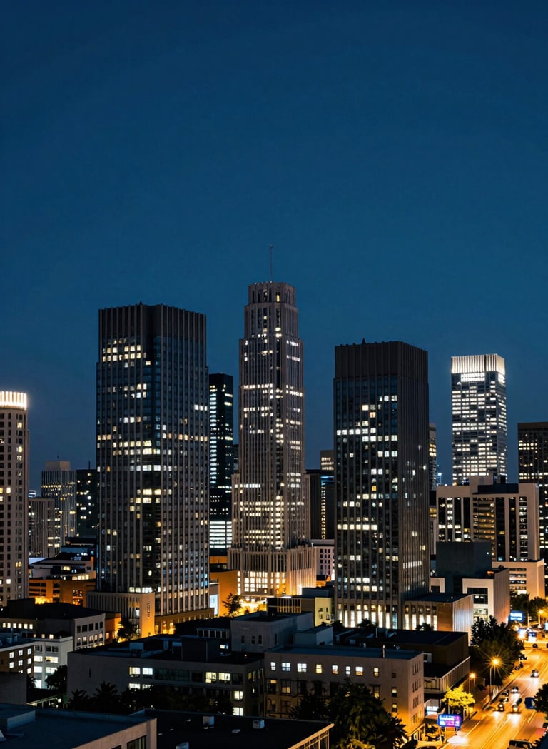 A wide cinematic shot of a modern urban skyline at night, deep charcoal buildings set against a night sky blue atmosphere, sharp lighting, high contrast.