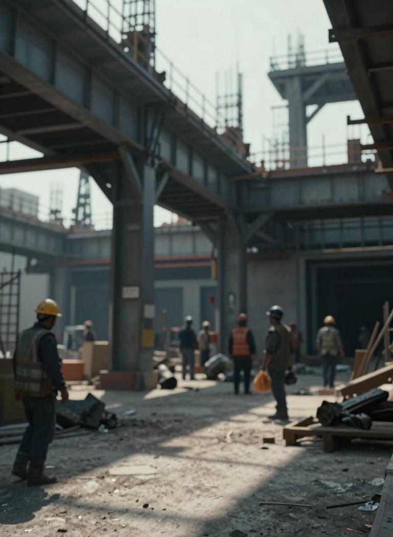 Cinematic context shot of a gritty, modern industrial renovation site. Low-angle shot showing the scale of the structure. Shadows are deep #1A1A1A, with highlights in #F5F5DC. Real workers in the background, out of focus. High-energy, raw atmosphere.