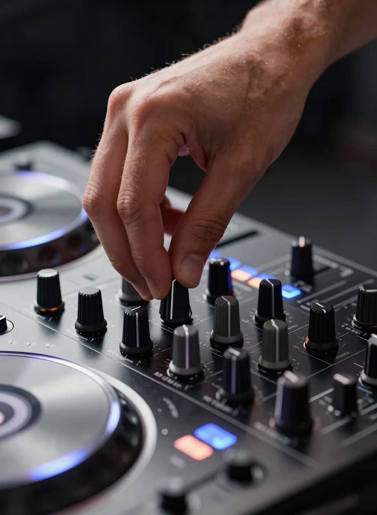 Close-up detail of a hand adjusting a mixer knob on a professional DJ deck. Sleek #2C2D3B metallic surfaces with glowing #7A7CF1 LED indicators. Focus on technical skill and premium equipment.