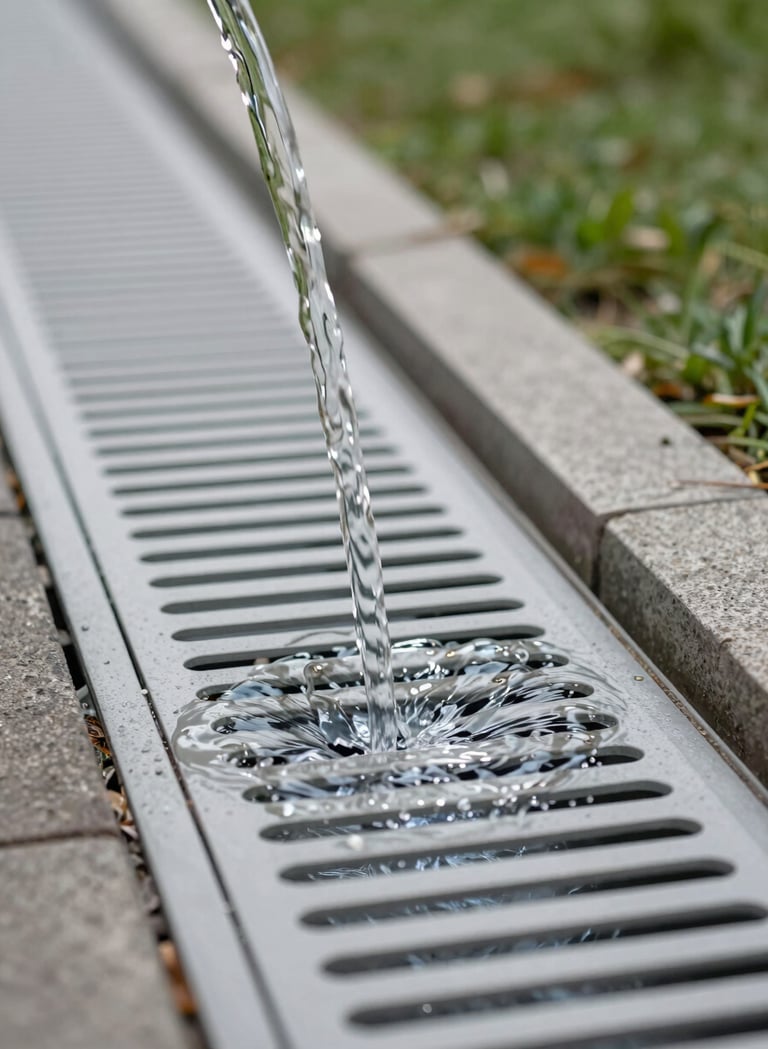 A close-up photograph of water flowing into a modern, perforated drainage system in an urban park in Indonesia. The scene is clean and showcases advanced water management technology. Professional lighting and elegant composition.