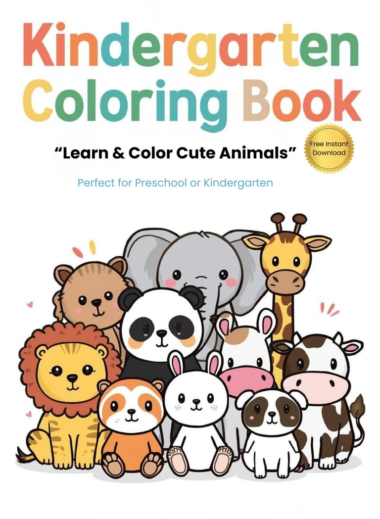 Kindergarten coloring book cover featuring cute cartoon animals like a lion, panda, and elephant.