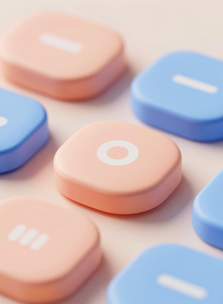 A detailed 3D render of rounded, tactile buttons and UI elements in a soft peach #FFC6A6 and sky blue #A6D1FF. The lighting is warm and expressive, highlighting the user-centered and sensitive design approach.