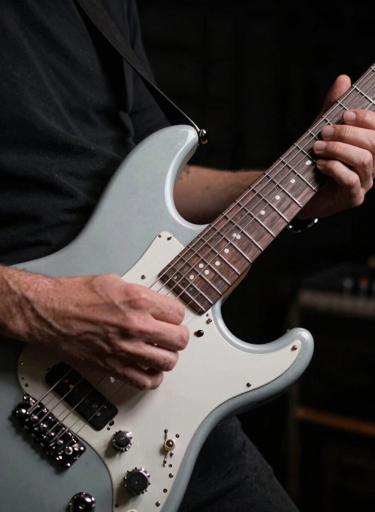 Close-up detail of a professional musician's hands on a sleek electric guitar in a dark, atmospheric studio. The lighting is focused and artistic, using light gray highlights on metallic parts against a black background. North American / US vibe.