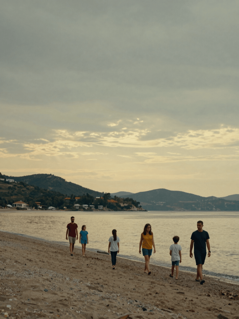 A wide-angle, cinematic photograph of a family walking along a serene beach in Bodrum during twilight. The sky is a mix of light grey and soft mustard yellow. Professional composition, emphasizing space and the natural beauty of the Middle Eastern / Turkish landscape.