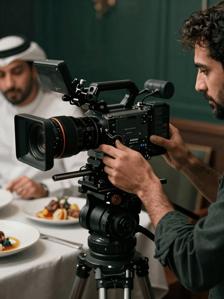 A videographer adjusting the lens of a professional cinema camera during a restaurant shoot, Middle Eastern / Arabic context, dark moody atmosphere with natural light highlighting the culinary setup, cinematic and luxurious feel with dark green and crimson tones.