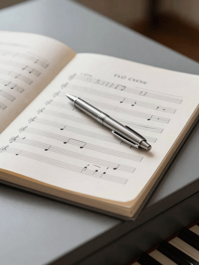 A refined close-up of a classical sheet music folder and a professional silver pen on a dark gray piano. North American / US music conservatory setting, bright and clean minimalist lighting with light gray surfaces.