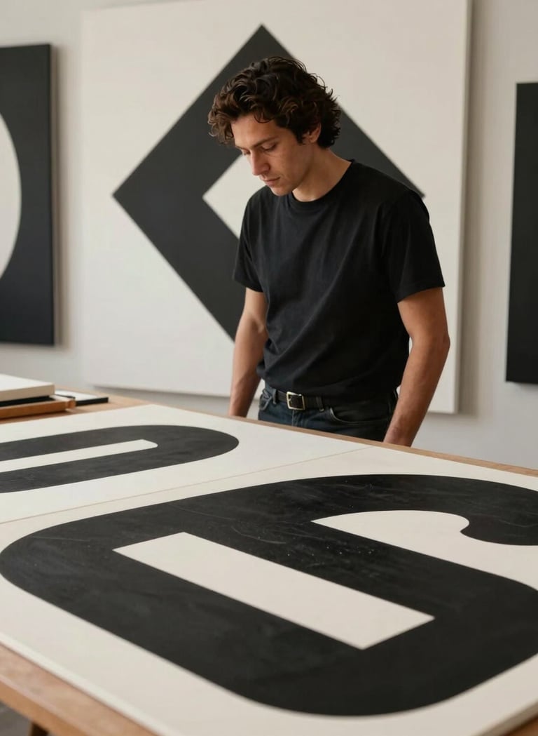 Medium shot of an artist's workspace in a minimalist Latinoamericano / Español studio, showing a section of a canvas with black and off white geometric shapes, clean and modern aesthetic.
