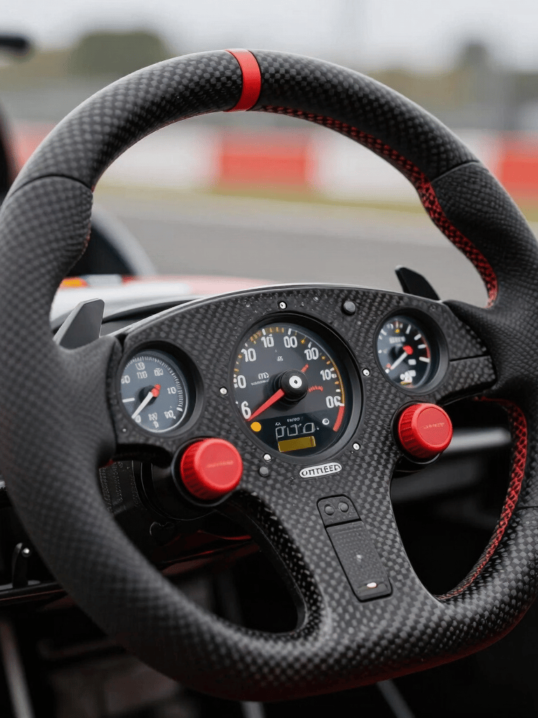Close-up macro photography of a Formula 1 steering wheel showing intricate dials and carbon fiber texture, shallow depth of field with the blurred pit lane in the background, sharp focus on the red buttons, professional and clean industrial aesthetic.