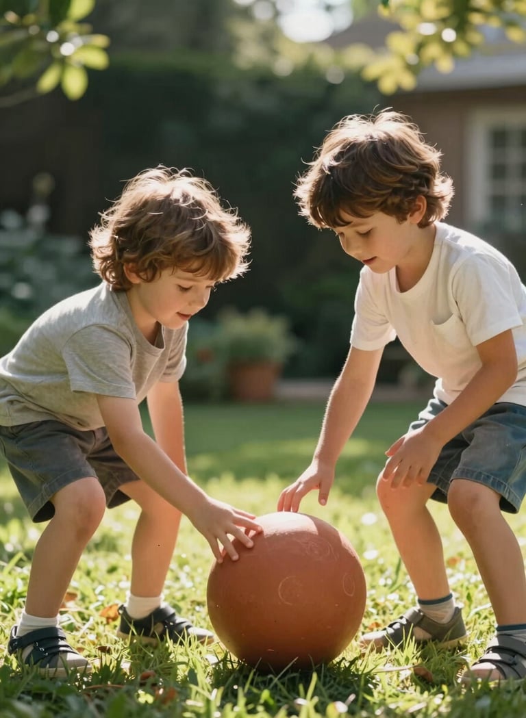 Candid shot of two children playing with a terracotta-colored ball in a garden. The scene is bathed in sun-drenched, cinematic lighting with soft greenery in the background, showing authentic joy.