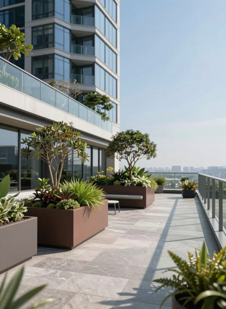 A close-up architectural shot of a sustainable rooftop terrace on a modern skyscraper. It features sleek #6B6760 planters with architectural greenery, #D9D2C7 limestone flooring, and a glass glass railing reflecting a clear blue sky. Professional architectural photography style, clean and precise.